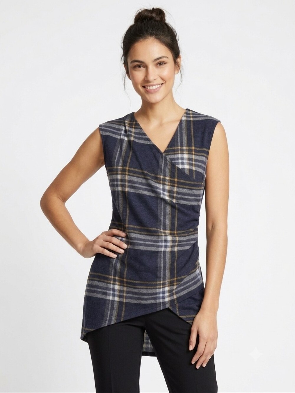 ​Le Chateau Y2K Navy Tartan Plaid Asymmetrical Faux Wrap Tunic Top M​